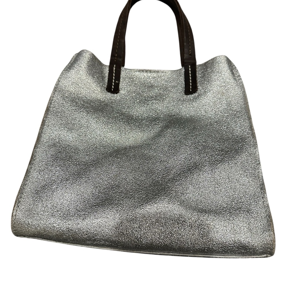 Silver Tote Bag with Brown Handles